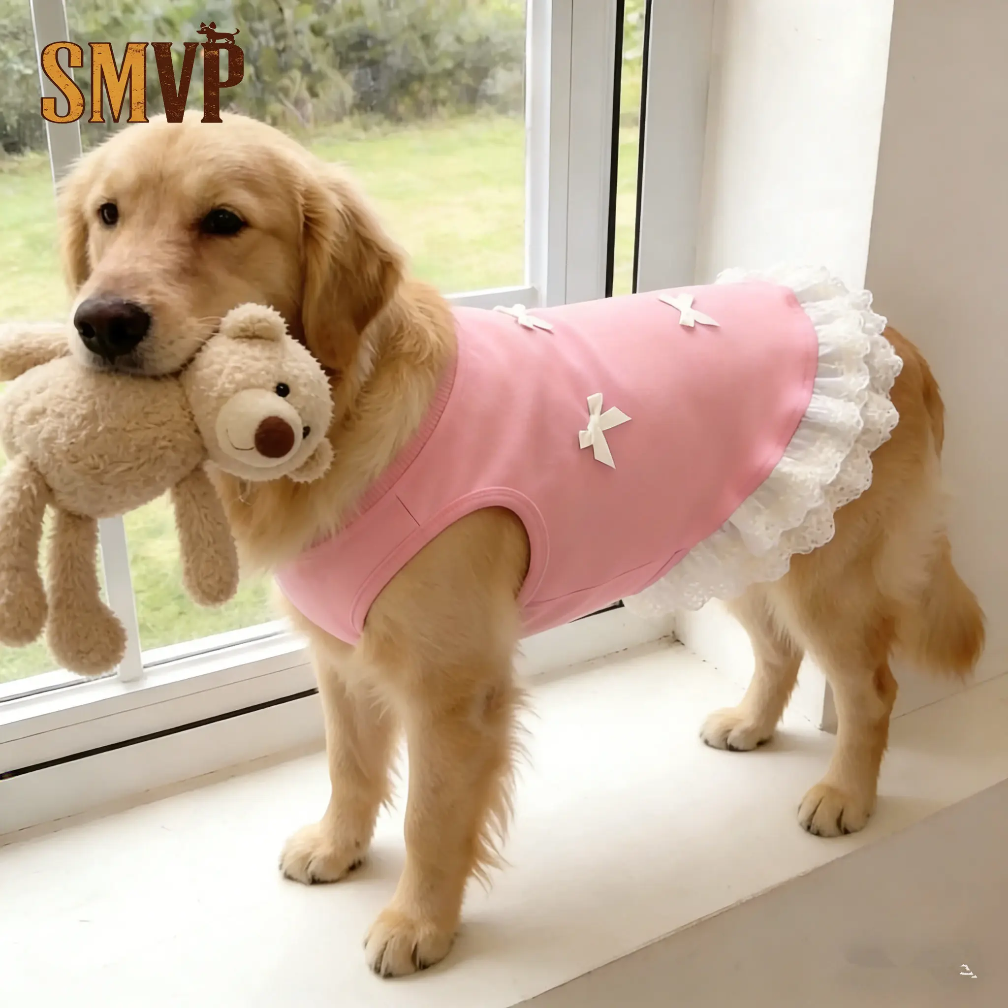 

Spring Summer Thin Breathable Pink Blue Bow and Lace Decorative Dress Suitable for Medium and Large Pet Dog Clothing