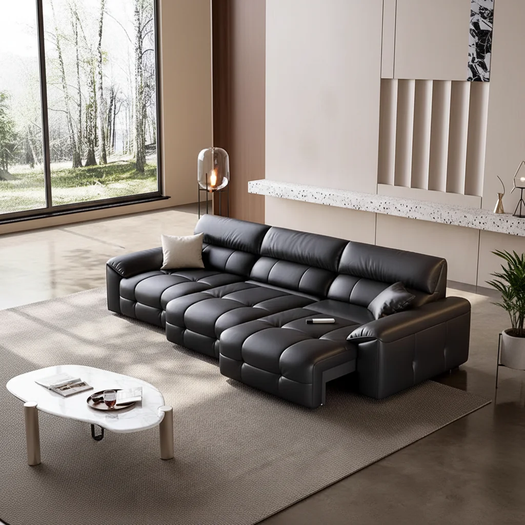 #Modern Italian Elephant-ear Three Seat Electric Sliding Sofa Bed Smart Functional Genuine Leather Straight-row Villa Sofa