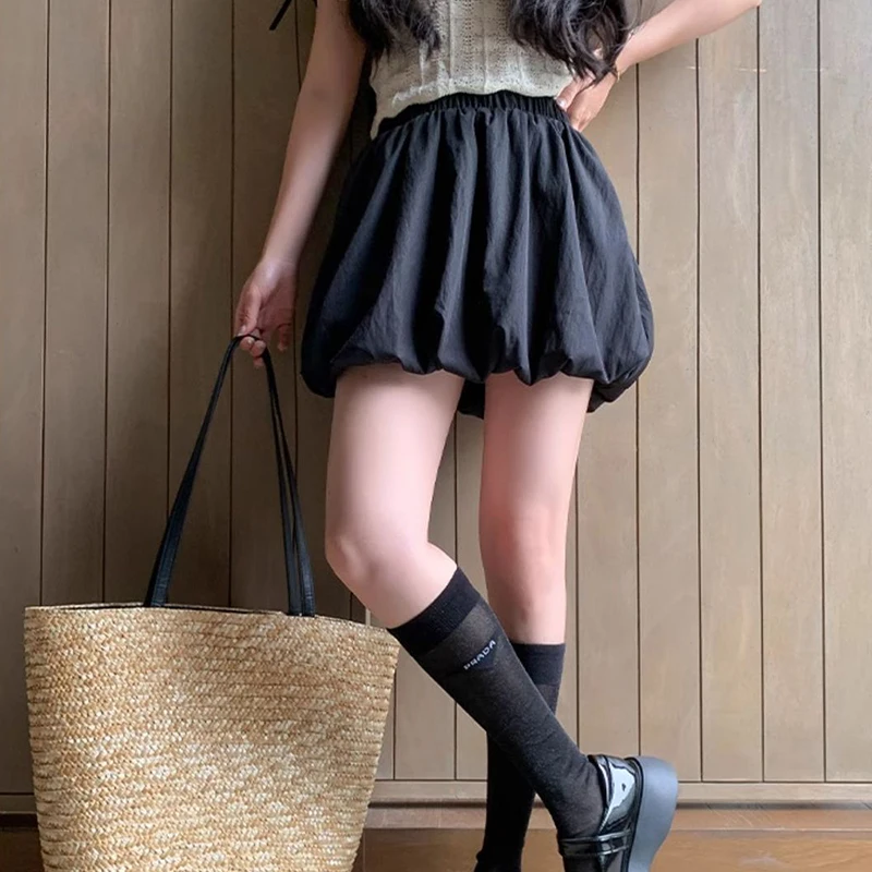 

Korean Chic Pleated Puff Mini Skirt Women 2025 Summer High Waist Flower Bud Short Skirts Woman Solid Color All Match Cake Skirts