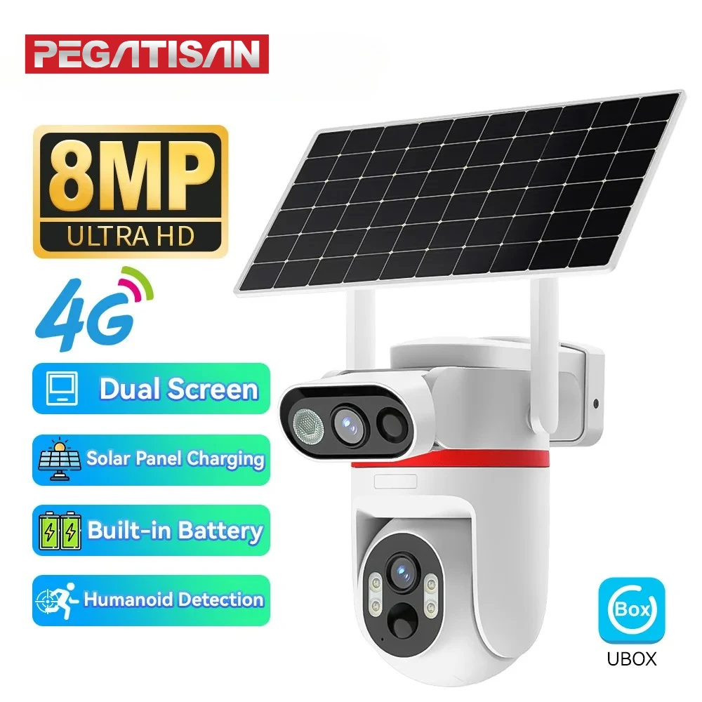 ﻿   Telecamera di sicurezza solare a doppio obiettivo 4K 8MP Telecamera esterna 4G PTZ con tracciamento automatico Visione notturna a colori Telecamere CCTV Dual PIR IP66 impermeabili