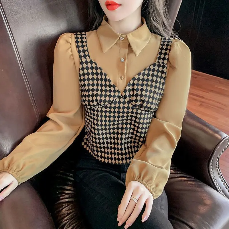 French Retro Autumn and Winter New Lapel Shirt Women's Plaid Print Slim Fit Pullover Versatile Fake Two-piece Puff Sleeve Top