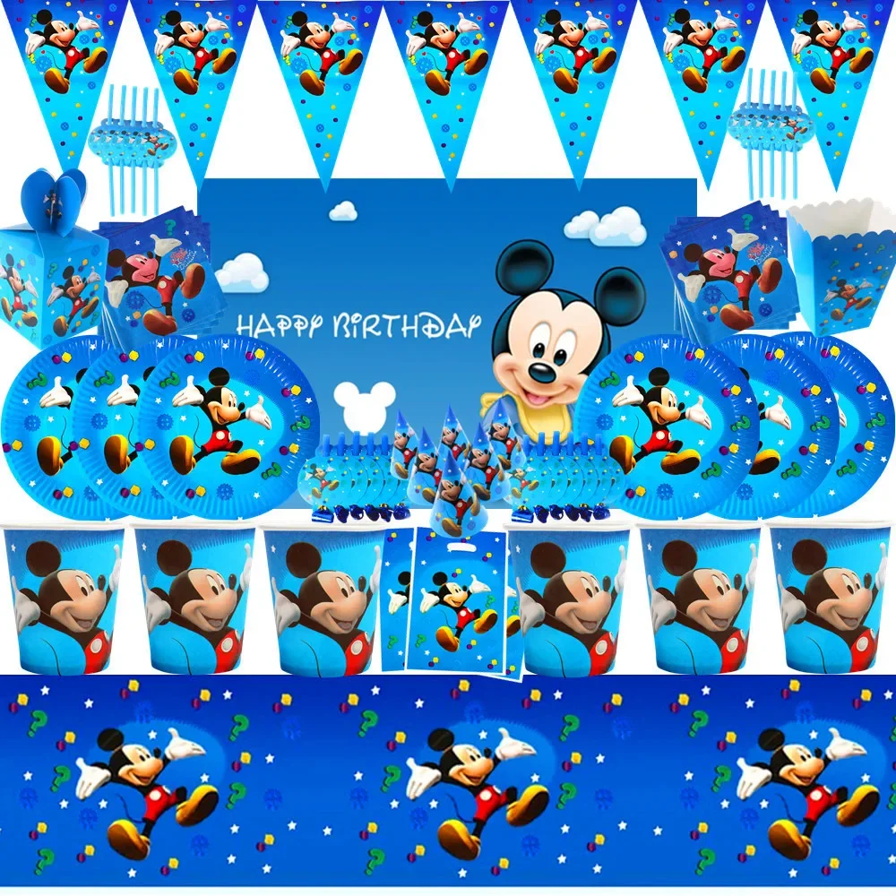 Mickey Mouse Party Decoration Paper Flag Tablecloth Cup Plate Balloon Mickey Theme Baby Shower Kids Boys Birthday Party Supplies