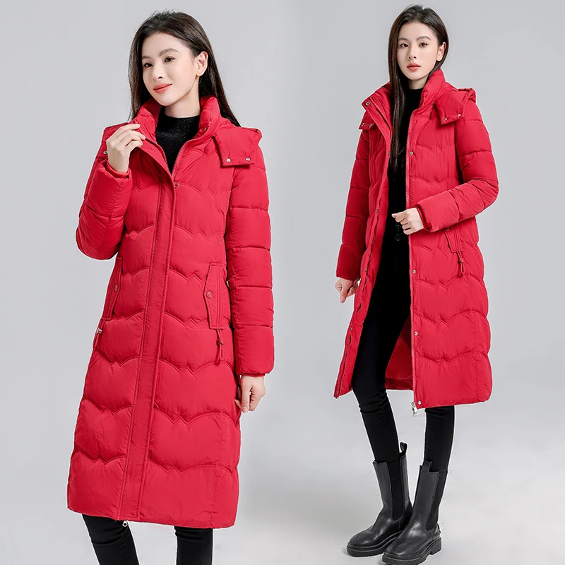 

Зимнее утепленное длинное пальто для женщин, пуховик с хлопковым наполнителем, со съемным капюшоном, милый дизайн, стандартный крой, длинная молния, однотонное.