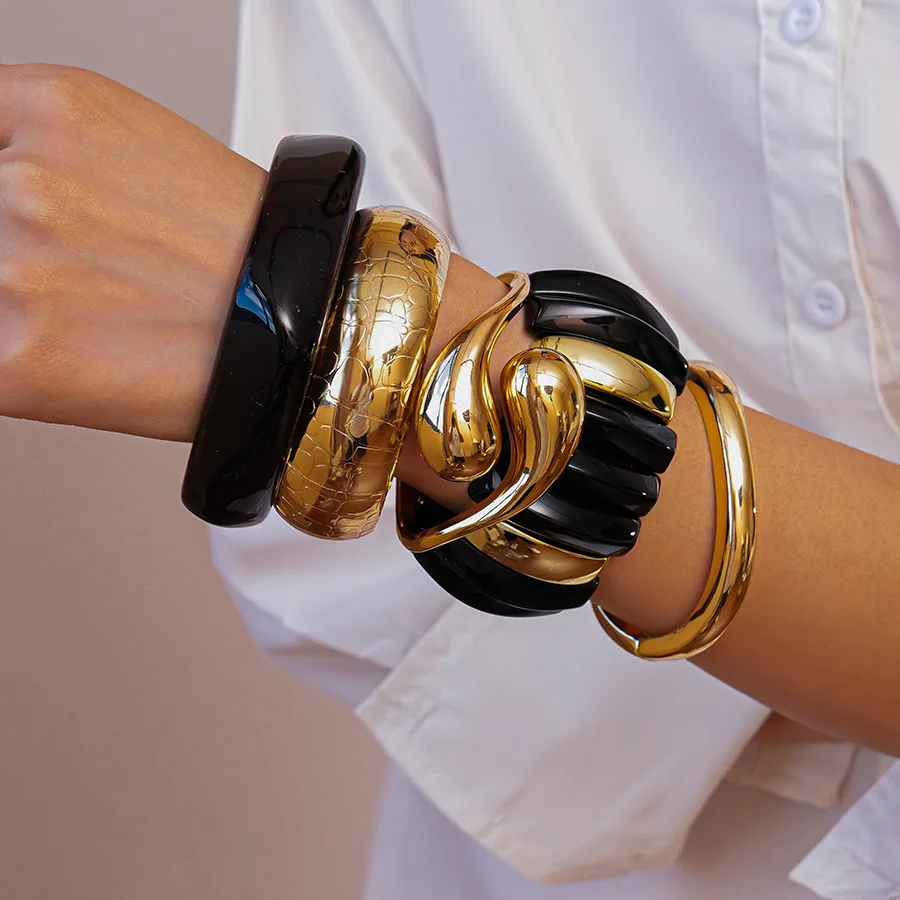 Hiphop Punk Black Brown Thick Resin Acrylic Smudging Bangles Gold Color Metal Geometric Irregular Wide Bangle Bracelet For Women