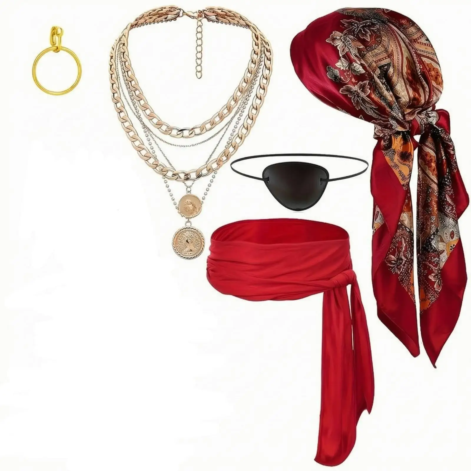 Pirate Costume Outfit for Men Women Complete Accessory Set with Headscarf Waist Belt Necklace Eye Patch