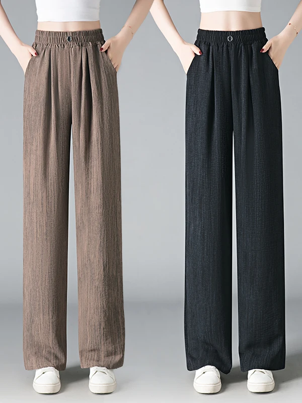 Pantalon à jambes larges en soie glacée pour femmes, drapé, taille haute, droit, décontracté, paresseux, longueur au sol, Cool, été
