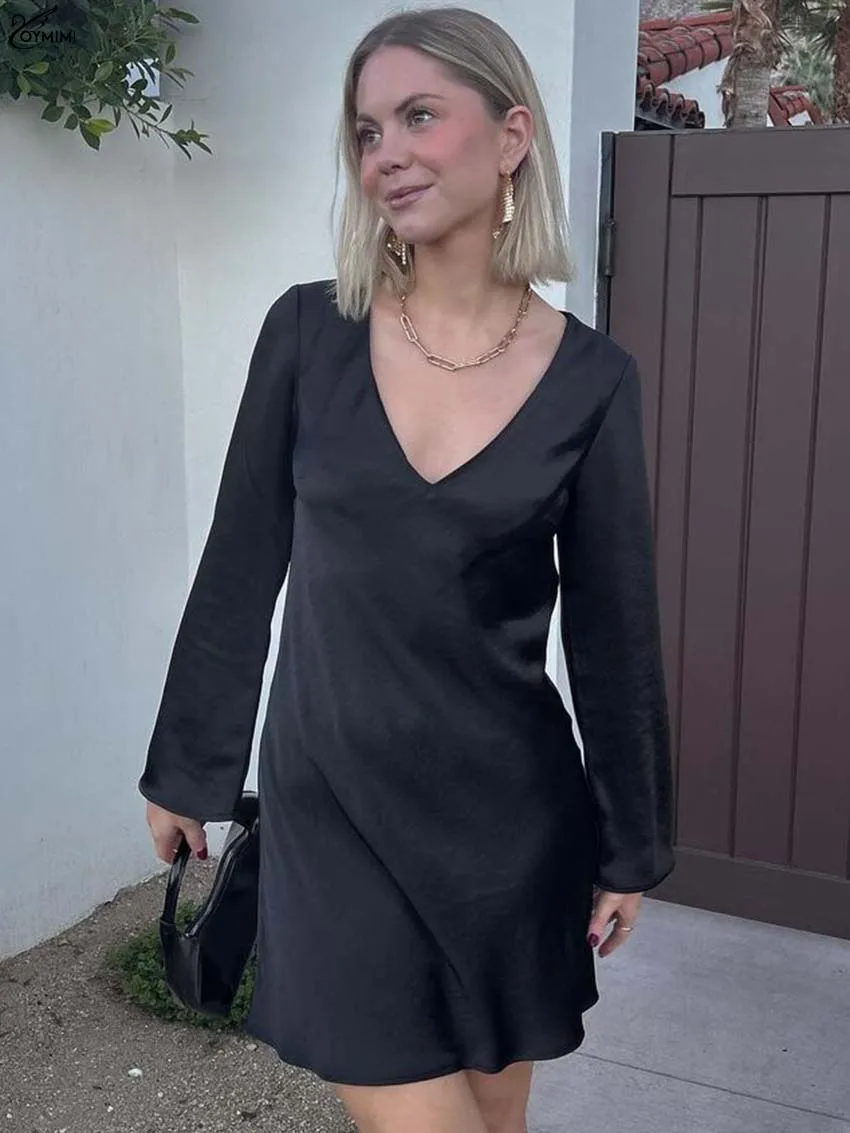 

Oymimi Fashion Black V-Neck Womens Dresses Elegant Long Sleeve Simple Solid Dresses Autumn Straight Mini Dress Female Clothing