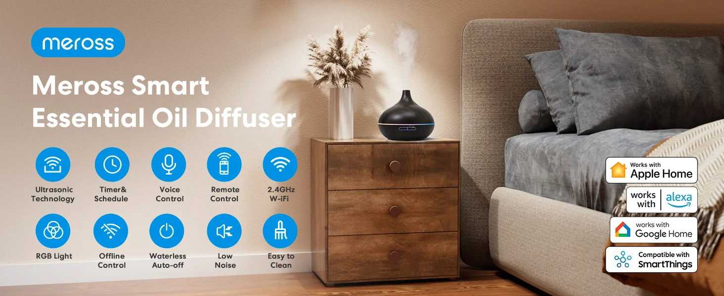 Meross HomeKit Smart-Diffusor für ätherische Öle, WiFi-Luftbefeuchter, EU/US/UK/AU-Stecker, funktioniert mit Apple HomeKit Siri Alexa Google Home – Detail 1