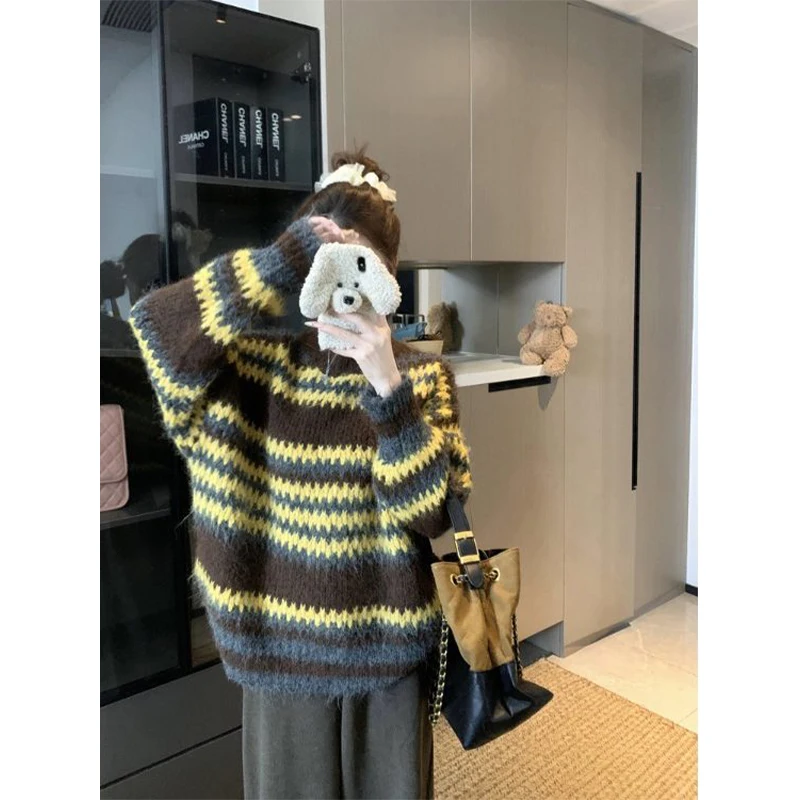 

Faionable Age-Defng Color Blo Вязаный длинный светящийся женский свитер Осень-зима Теплый круглый топ Аосфера Ne