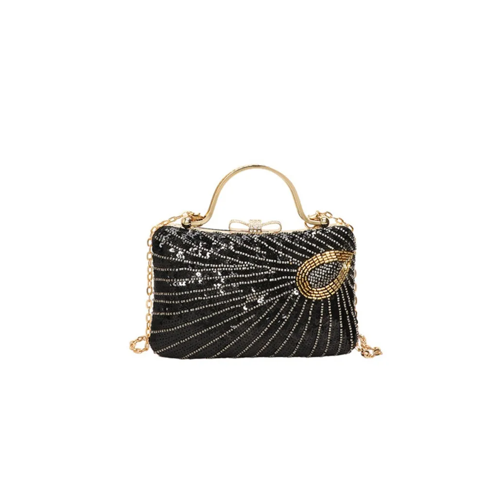 

Elegant Metal Top Handle Evening Banquet Bag Shiny Glitter Ladies Clutch Bag Purse Large Capacity Tassel Shoulder Bag Party