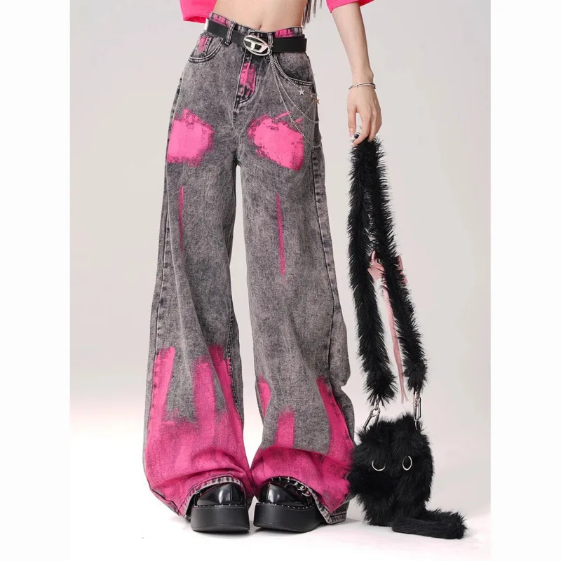 Women's Gray Pink Graffiti Wide Leg Jeans, High Waist Baggy Straight Denim Pants, Y2K Streetwear Trousers