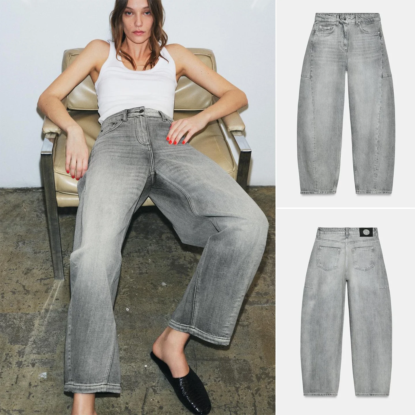 Spring Women's Casual Style Zipper Washed Effect mid Waist Nine Points Balloon Type Jeans Standard Fit Micro Stretch Polyeste...