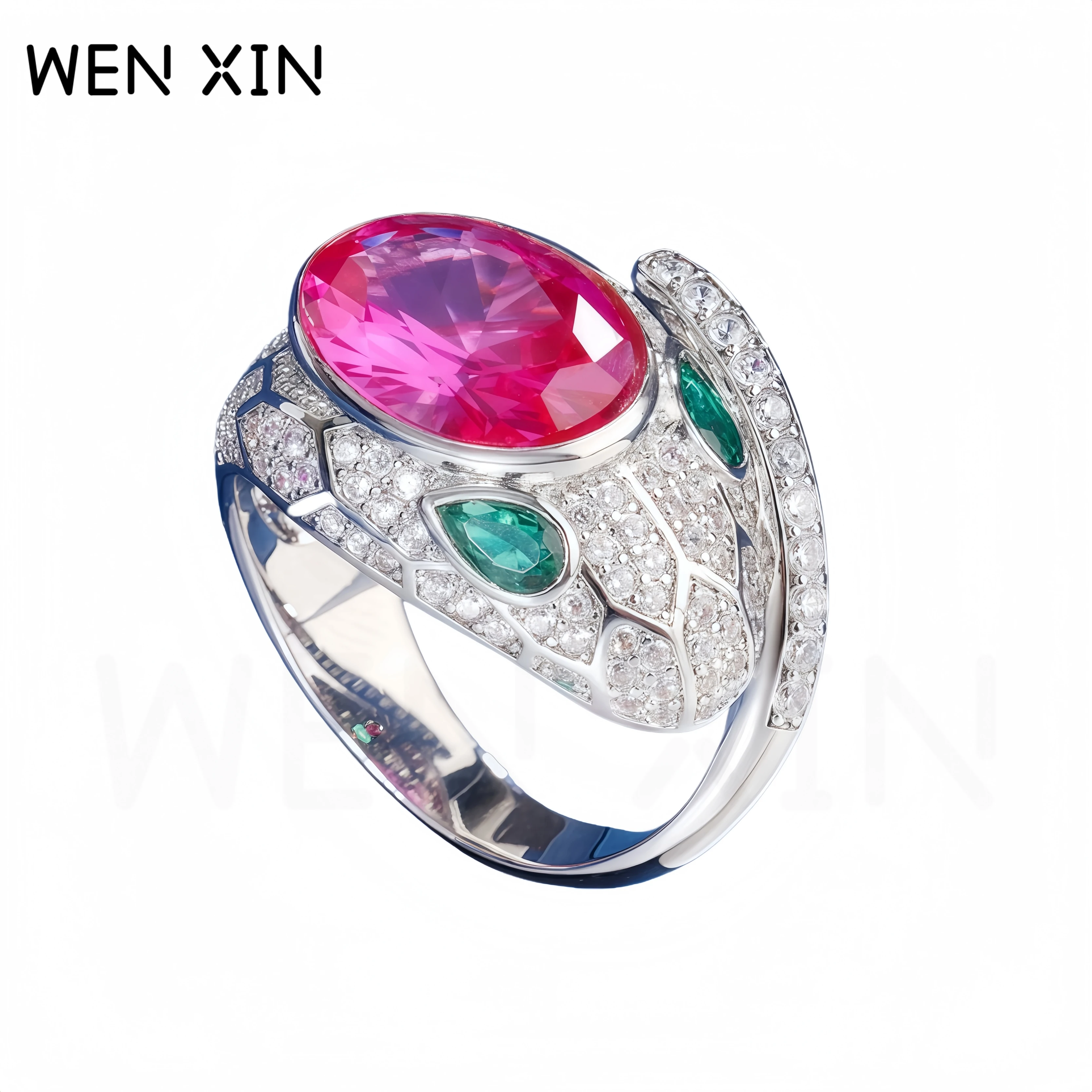 

WENXIN Luxury Real s 925 Sterling Silver Rings Jewelry For Women High Carbon Diamond Blue Ruby Gemstones s925 Silver Snake Ring