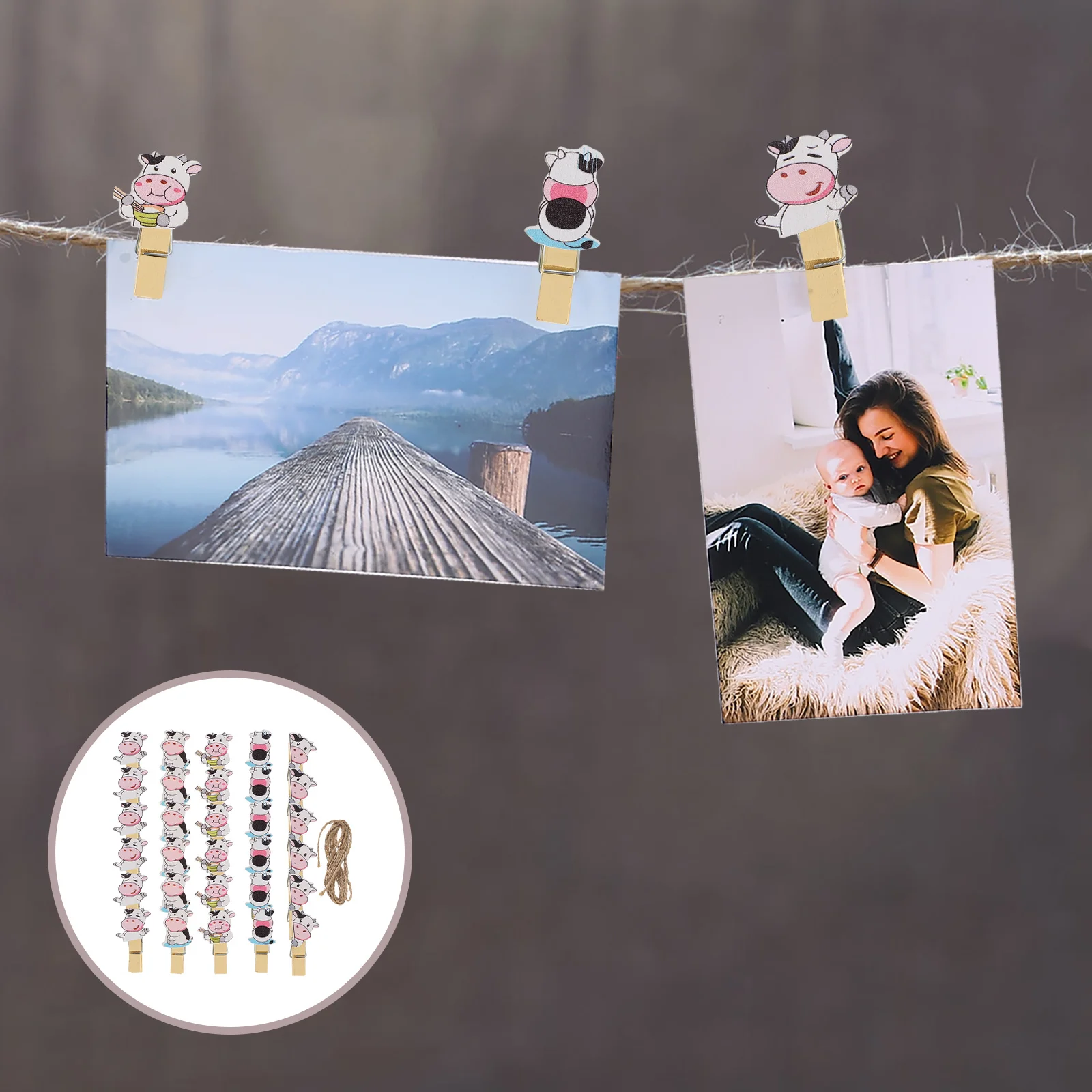 

5Packs Wooden Photo Clips Cow Shaped Eco-Friendly Natural Craft Clips for Hanging Photos Notes Memos Fixed Display Decor