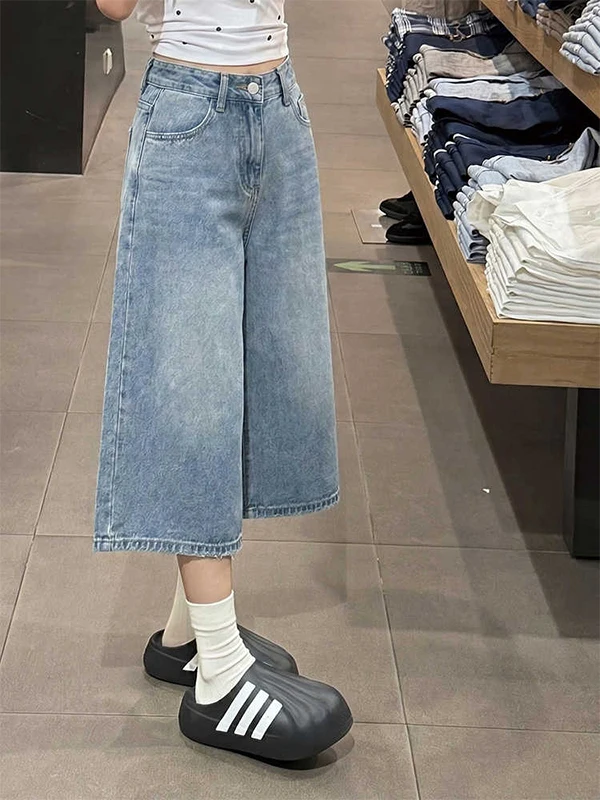 American Retro Light Blue Denim Shorts Women's Summer Thin Loose Drape Straight Leg Mid-Length Jeans Casual High Waist Button...