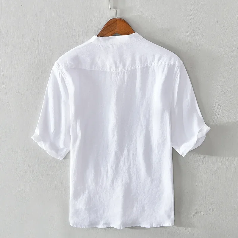 Summer New Vintage Pure Linen T Shirt for Men Thin and Simple Solid Color Slim Men Clothing B3309