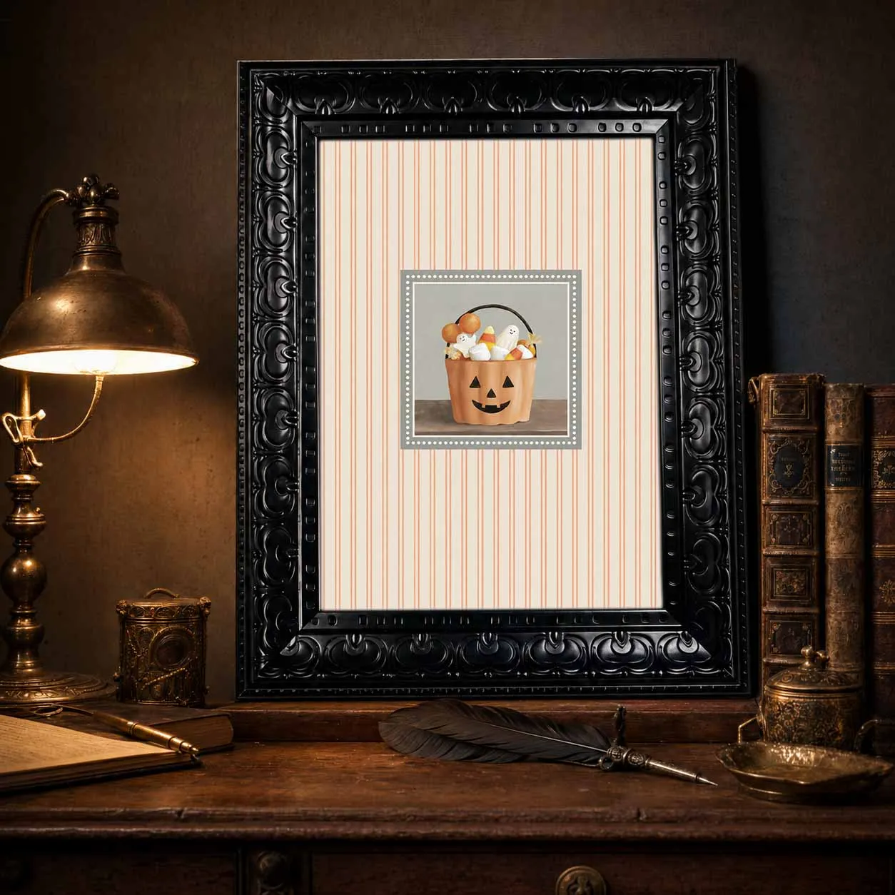 Framed Canvas Wall Art Vintage Halloween Pumpkin Candy Bucket Print, Retro Striped Art for Spooky Fall Home Bedroom Decor