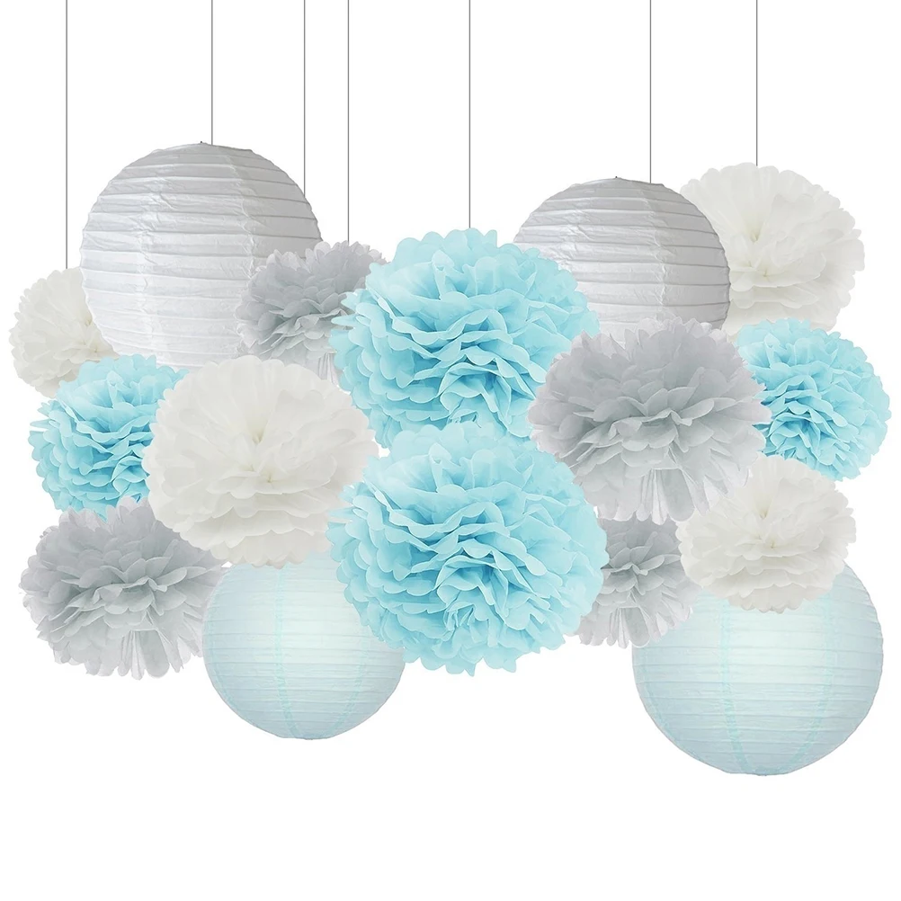 

1 set 12 Paper Flowers 4 Lanterns Premium Bright Color Set for Wedding Baby Shower Home Decoration Table Lamp