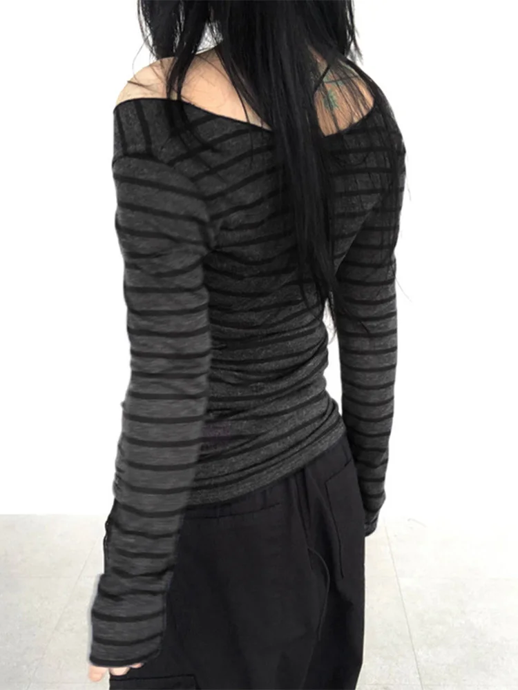 Damen Harajuku Basic Slim Fit Langarm Streifen T-Shirt schulterfrei O-Ausschnitt Korean Street Style Graues T-Shirt für Frühling Herbst