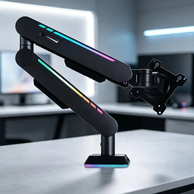 Gas Spring RGB Gaming Monitor Arm 17-32 Inch VESA Rotatable Height Adjustable Desk Clamp