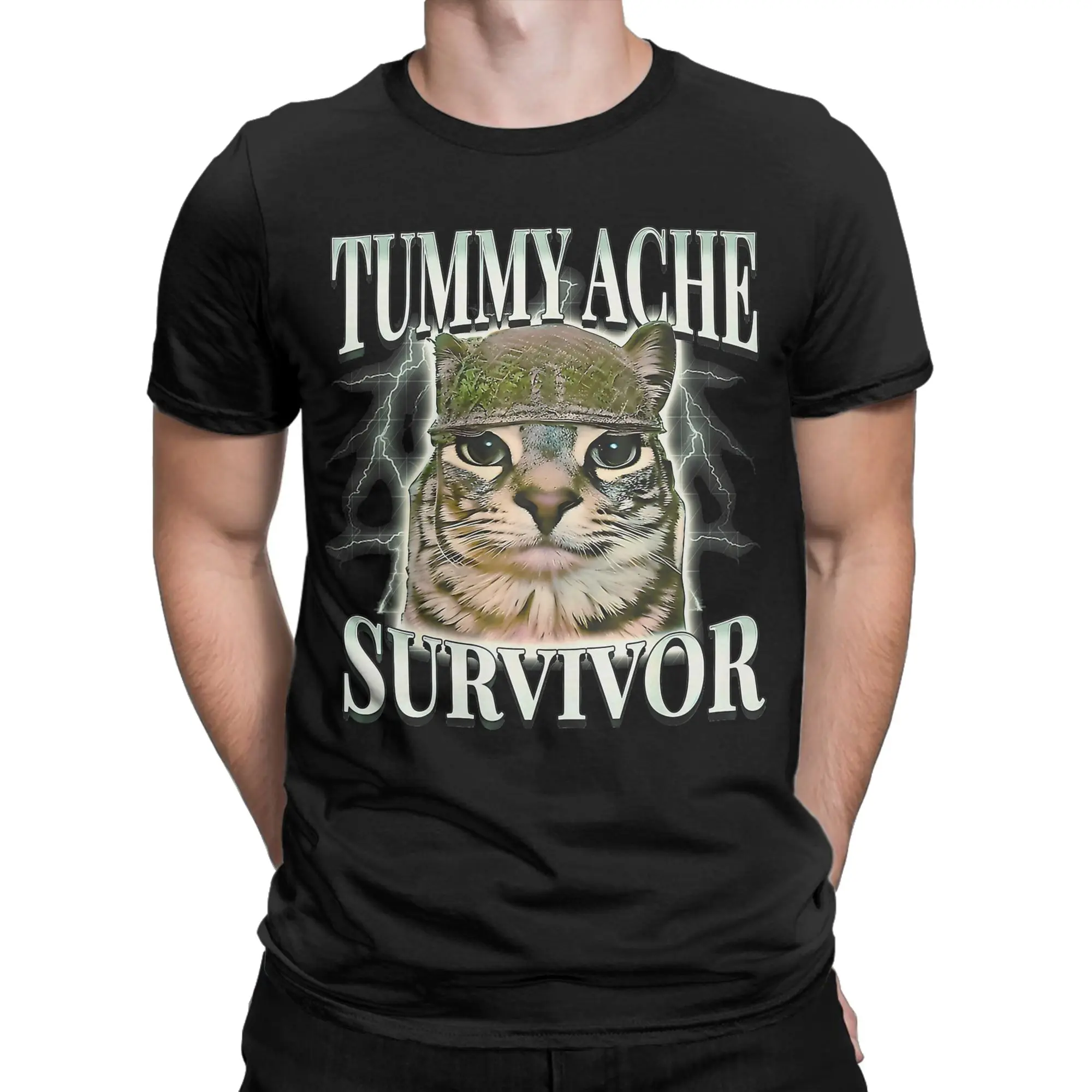 Tummy Ache Survivor Meme Cat T Shirt for Men Cotton Vintage T-Shirt Crewneck  Tee Shirt Short Sleeve Clothes Adult