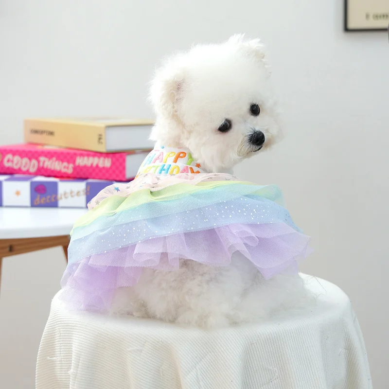 

Pet Dog Cat Dress Rainbow Birthday Tulle Skirt Autumn Winter Warm, Cute Small Puppy Comfortable Cozy Party Gown Outfit