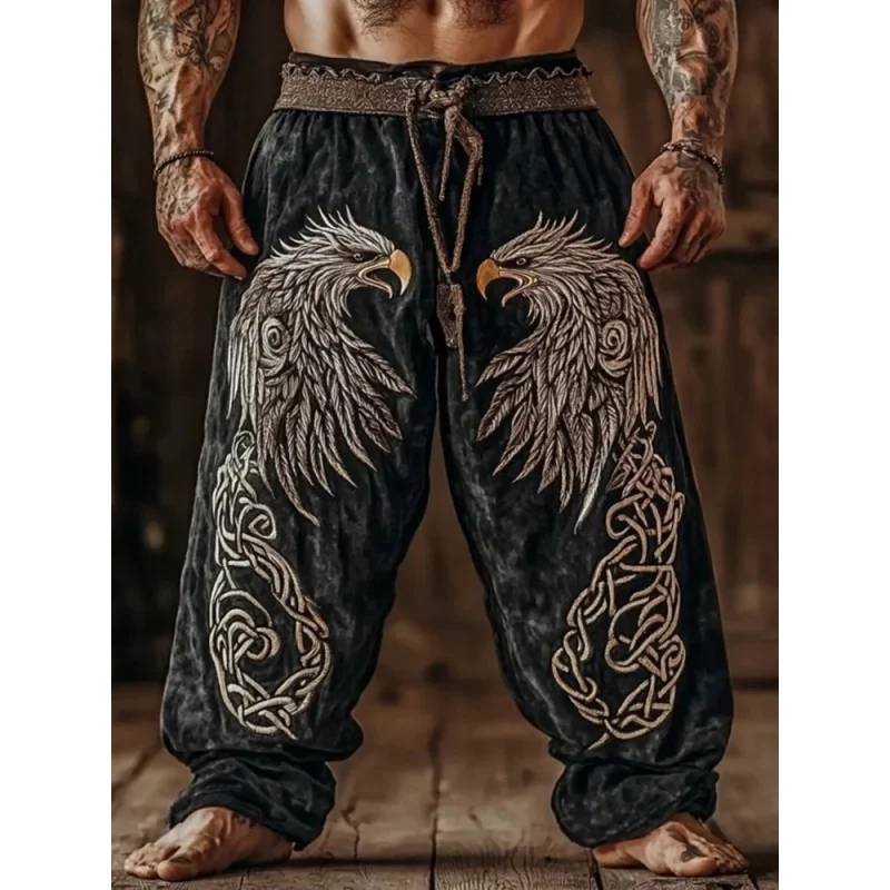 

Men's retro Viking Celtic Eagle 3D printed casual pants, drawstring straight leg pants, summer beach pants, jogging pants