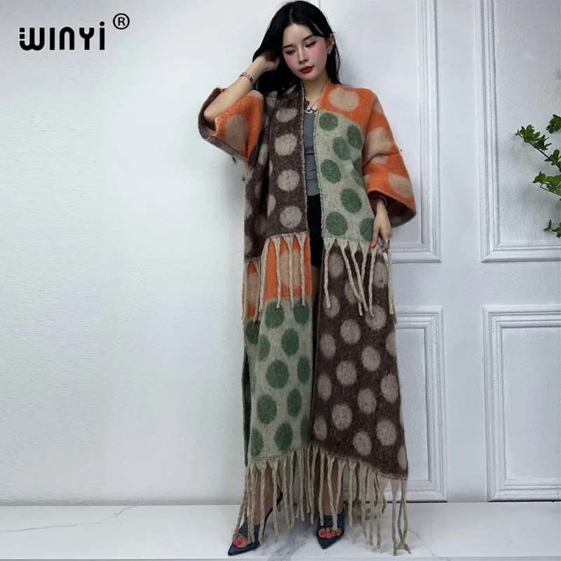 WINYI winter coat for women 2023 Circle print tassels Luxury Fur Loose OverCoat Thick Warm long down coat Europe cardigan jacket