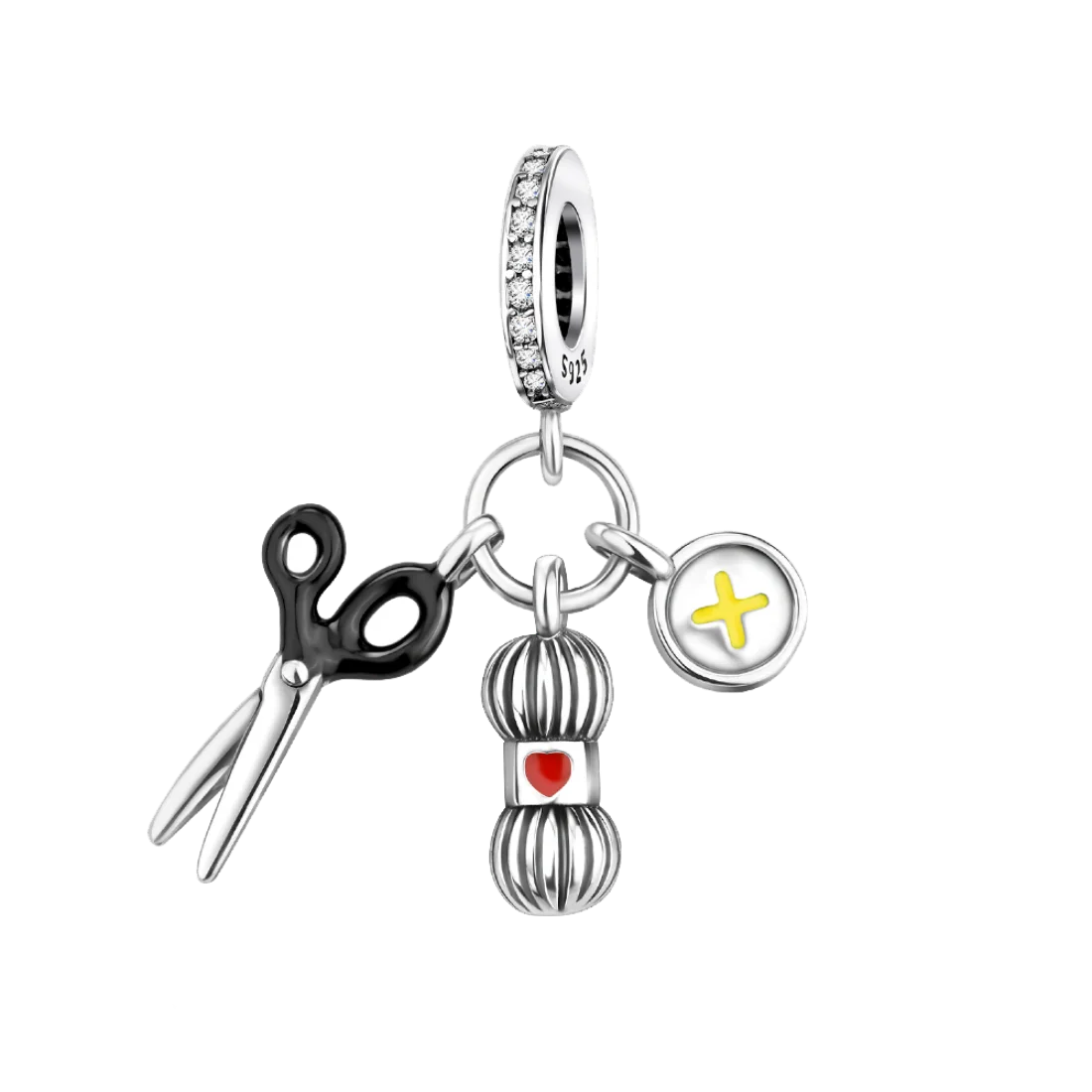 925 Sterling Silver Pendant with Needle, Thread, Scissors, Beads, Compatible with Original Bracelet, Necklace, DIY Jewelry Gift