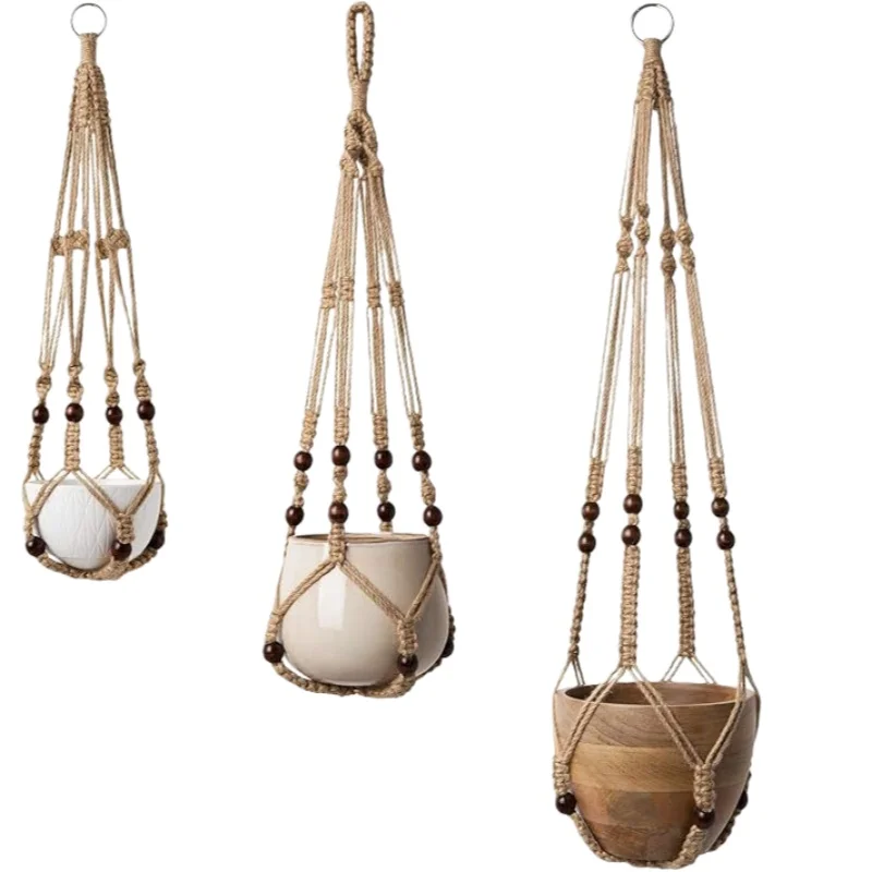 3pcs Bohemian Handmade Cotton Rope Macrame Hanger Net Basket for Hanging Plant Flower Pot Eco-Friendly Decorative Home Garden Ac