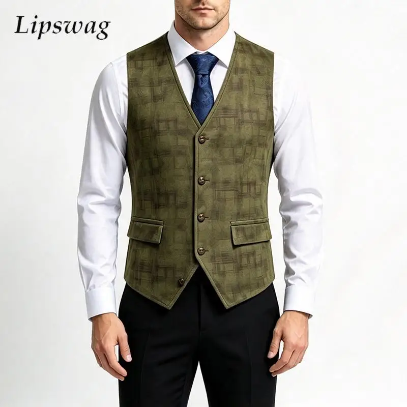 Daily Outdoor Plaid Print Suede Waistcoat Mens Autumn Warm Streetwear Vintage Slim Fit Single Breasted Tank Tops For Male Vests