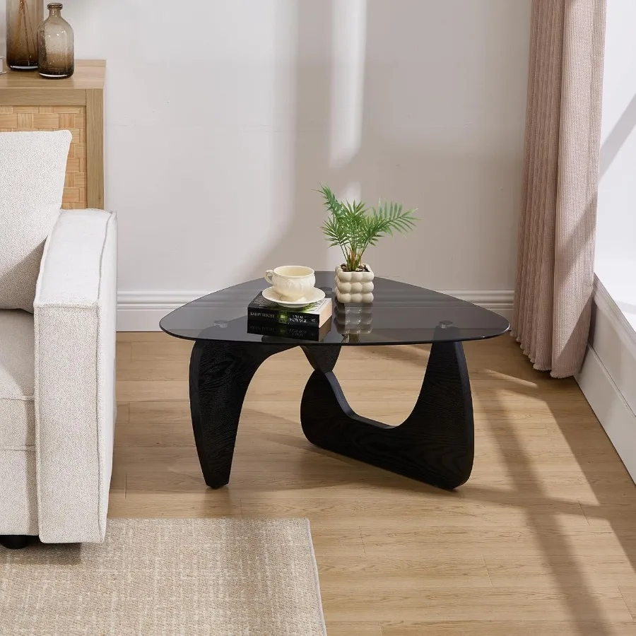 

Маленький стеклянный журнальный столик 32,5 Черный треугольный центральный столик с основанием из цельного дерева Абстрактный современный журнальный столик для гостиной Ro