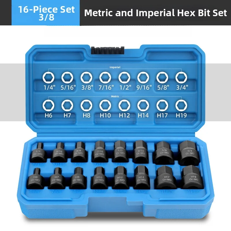 16 Piece 3/8 Square Drive Hex Socket Set Metric For Chromium Steel Drop Hole Power Tools Hardware Kit