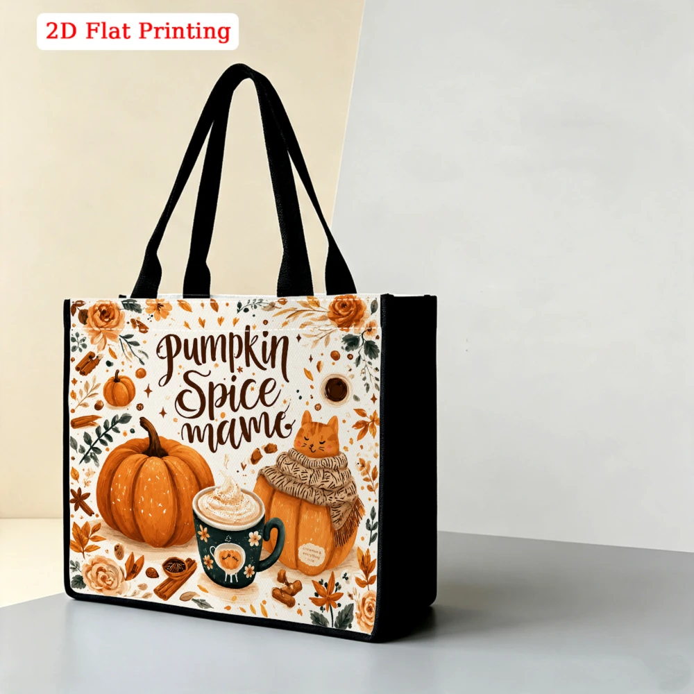 Warm Fall Pumpkin Spice Mama Latte Cat Floral Print Large Tote Bag, Cozy Autumn Aesthetic Handbag for Coffee Lovers