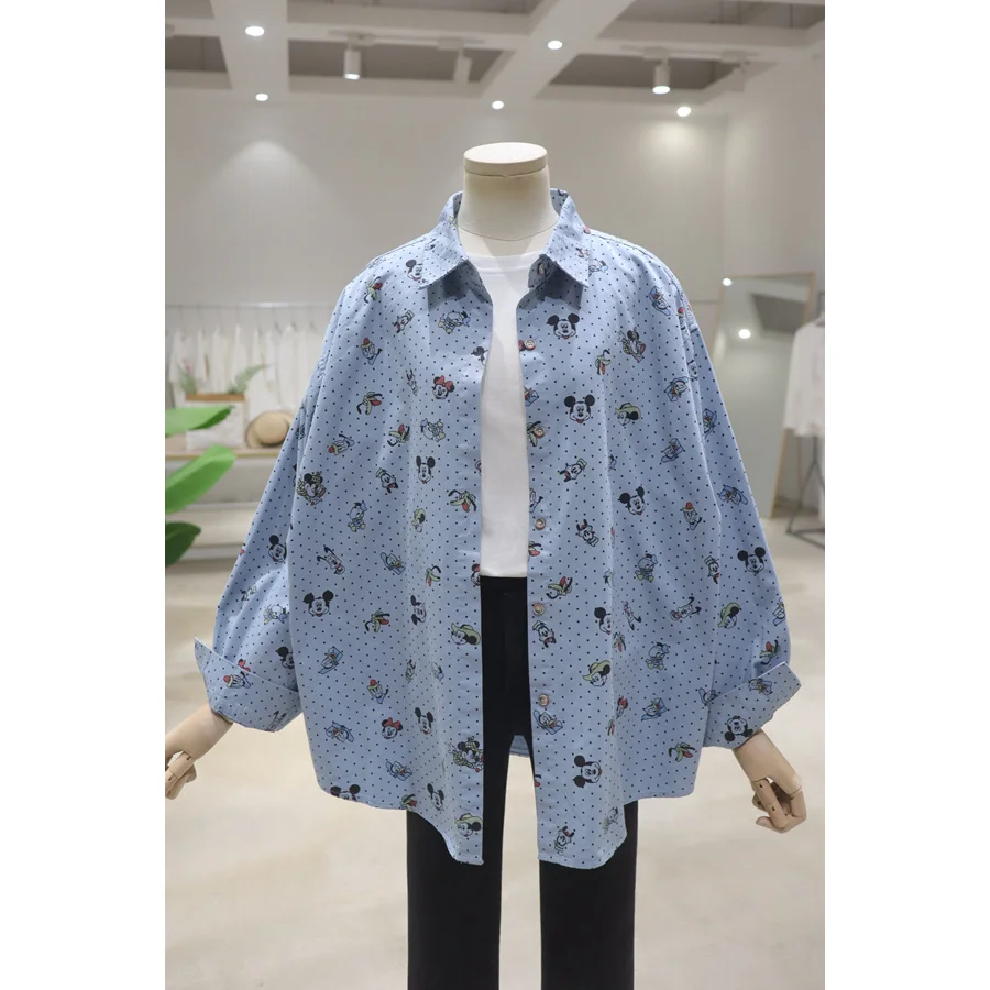 Blus lengan panjang Polka Dot, blus lengan panjang, katun sedang, dan panjang, longgar, musim gugur, kemeja dada tunggal, kartun, mengurangi usia, seluruh tubuh, Polka Dot