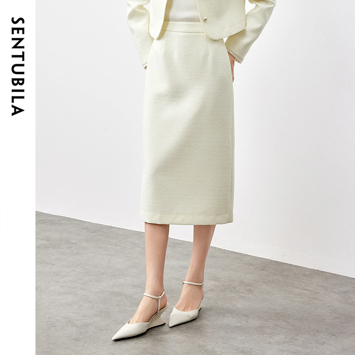 SENTUBILA Straight Skirts for Women Spring 2025 Solid Office Lady Elegant High-waist Slit-hem Simple Long Skirt 151Q58785