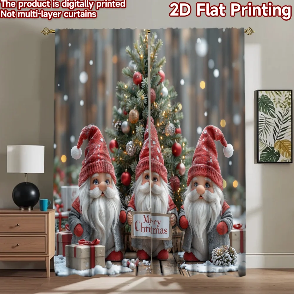 2D flat 2pcs Curtain Country Style Christmas Gnomes by Tree Digitally printed polyester, colorfast Festive Holiday for Home Wall
