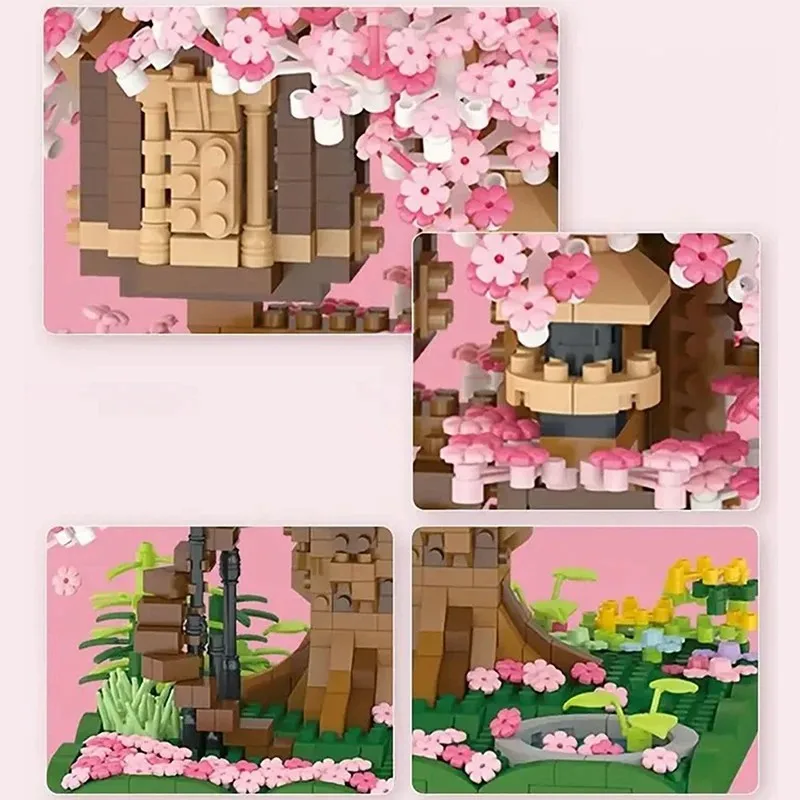 اللبنات الصغيرة بيت شجرة زهر الكرز ثلاثية الأبعاد نموذج تجميع الطوب لتقوم بها بنفسك ديكور المنزل اللعب الهدايا #5