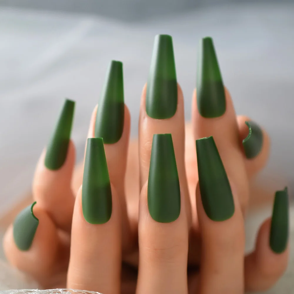 24 pçs/set dicas de unhas falsas fosco cobertura completa super longo ballet unhas falsas verde oliva ferramentas manicure francesa 1 folha cola adesivo