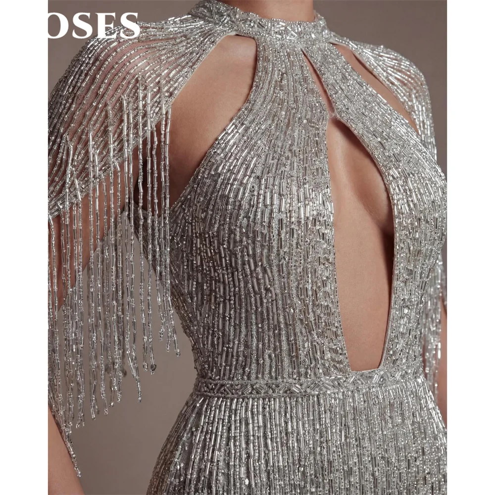 ROSES Sliver Sequin Party Dresses Off the Shoulder Evening Dress with Layered Tassel فساتين السهرة Wrap Hips Cut Out Customized view 3