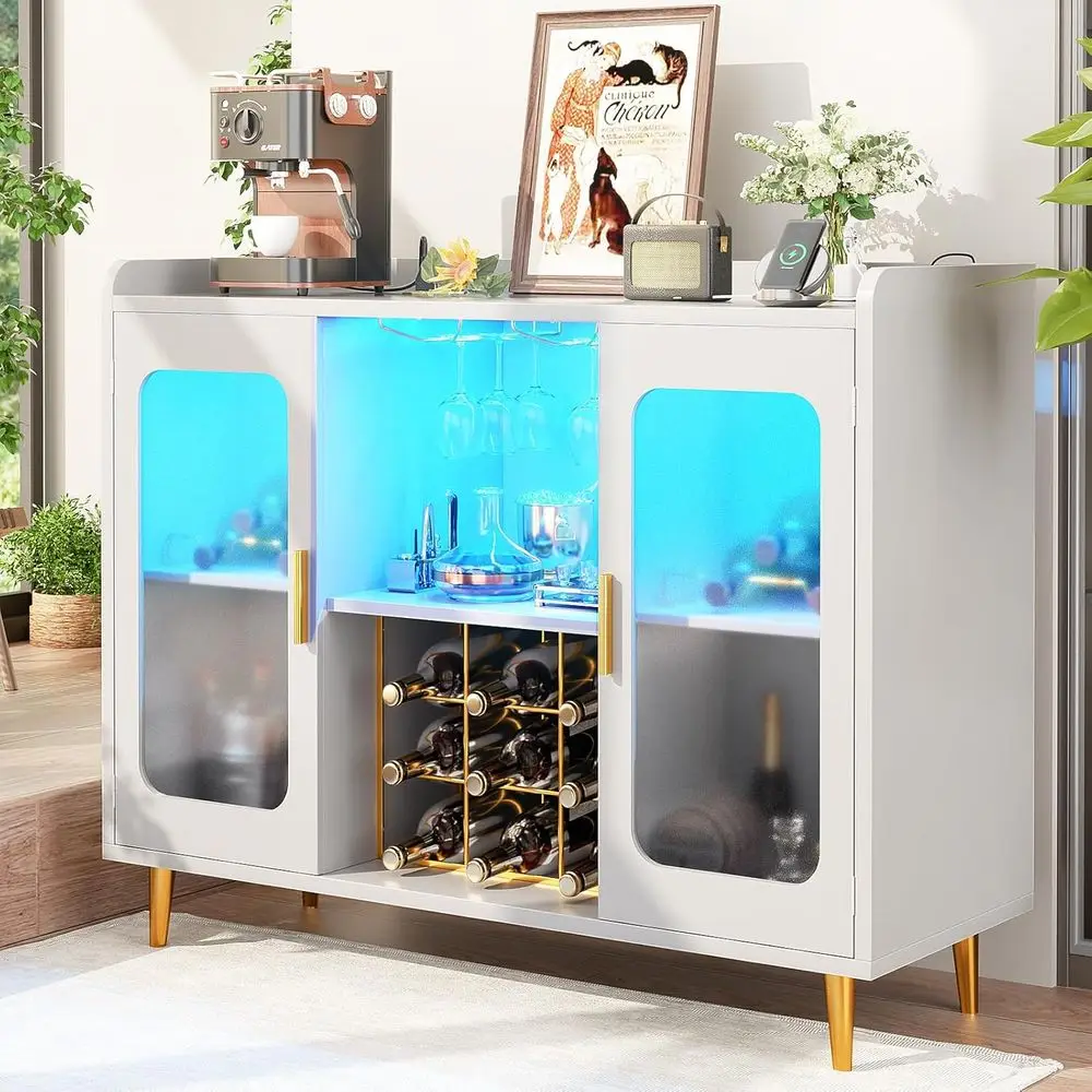 

Illuminated Liquor Cabinet with Power Outlet and Glass Holder, White Bar Storage for Kitchen or Dining Area
