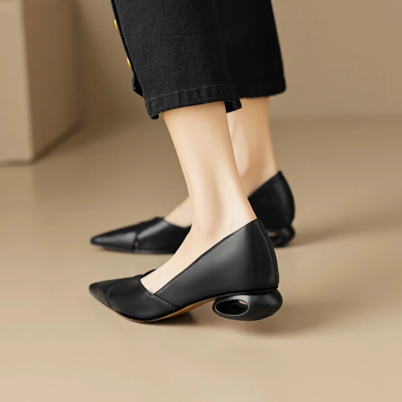 NEW Spring/Summer Women Pumps Pointed Toe Chunky Heel Shoes Split Leather Shoes for Women Elegant Beige Hollow Ladies Shoes