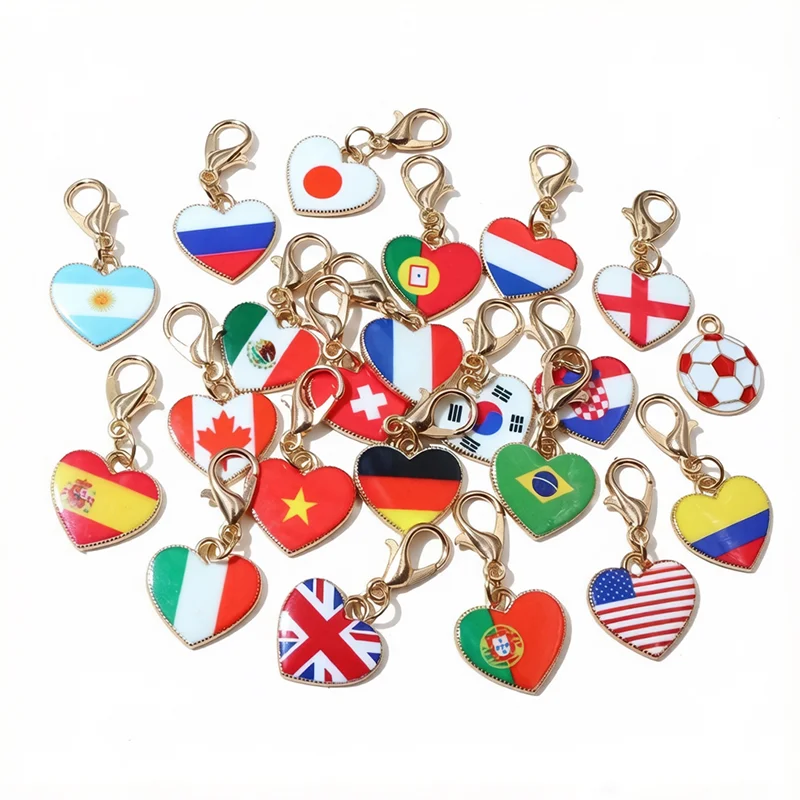 10 Stück mit Hummer verschluss Emaille National flaggen der Länder Herz anhänger Anhänger DIY Schmuck Zubehör für Schlüssel bund Armband
