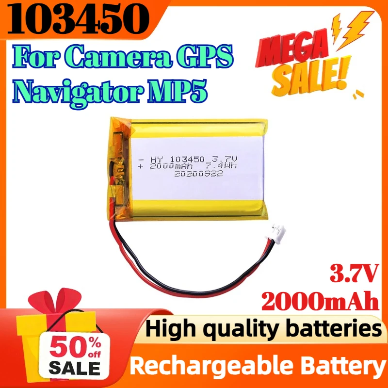 

103450 3.7V 2000mAh Polymer Lithium Rechargeable Battery Jst PH 2.0mm 2pin Plug for Camera GPS Navigator MP5 Bluetooth Headset