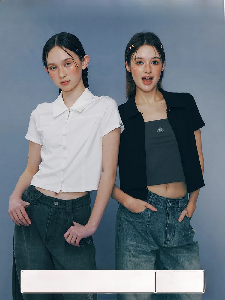 

TAKEANAP Original ort Sve irt Женский летний облегающий топ на пуговицах Cute Sle Pure Color Cotton Blend