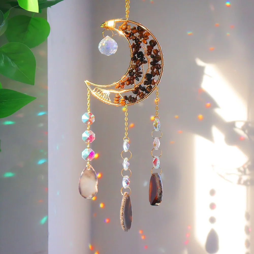 Custom Tiger Eye Chip Stone Tree of Life Crescent Moon Sun Catcher - Glass Pendants Hanging Ornament for Window Decor
