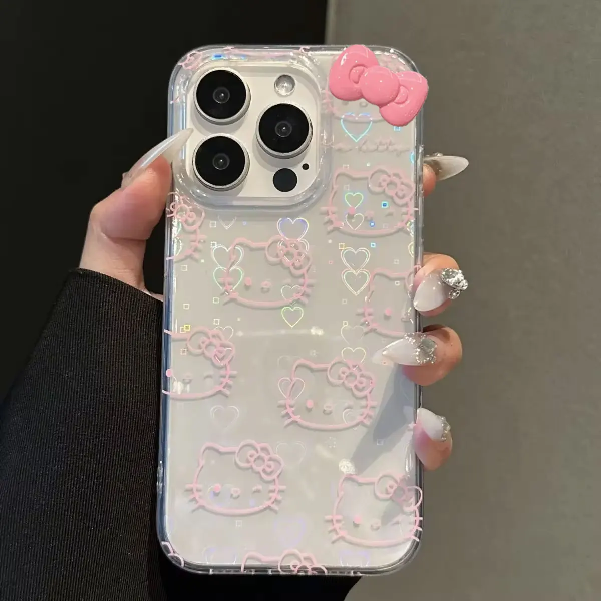 Sanrio Hello Kitty Full Screen KT Shining Phone Case For iPhone 15 14 13 12 11 Pro Max XR XS MAX 7 8 Plus Y2K Pink Laser Cover