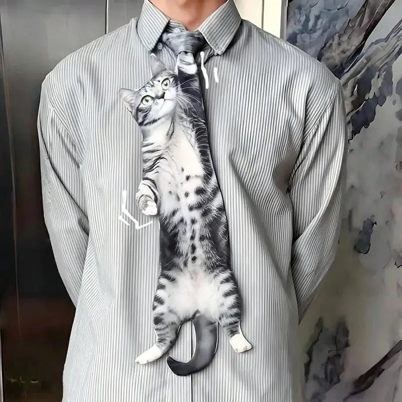 New#3D Cat Cat-shaped Unisex Tie Creative Animal Pattern Kitten Necktie Satin Fabric Lifelike Neck Tie For Wedding Party