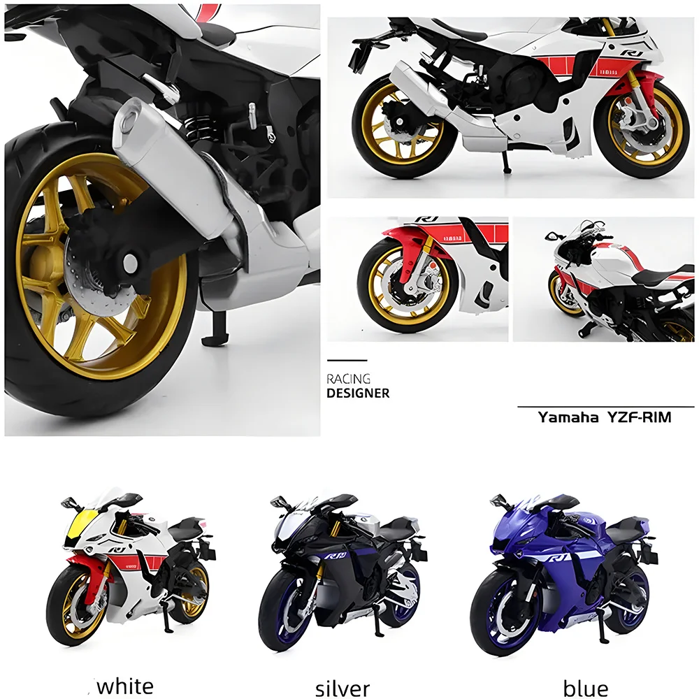 ヤマハのおもちゃのバイクモデル、1:12 YZFR1、アルミニウム合金モデル、サウンドとライトバージョンセット、大人と子供へのギフトに適しています。