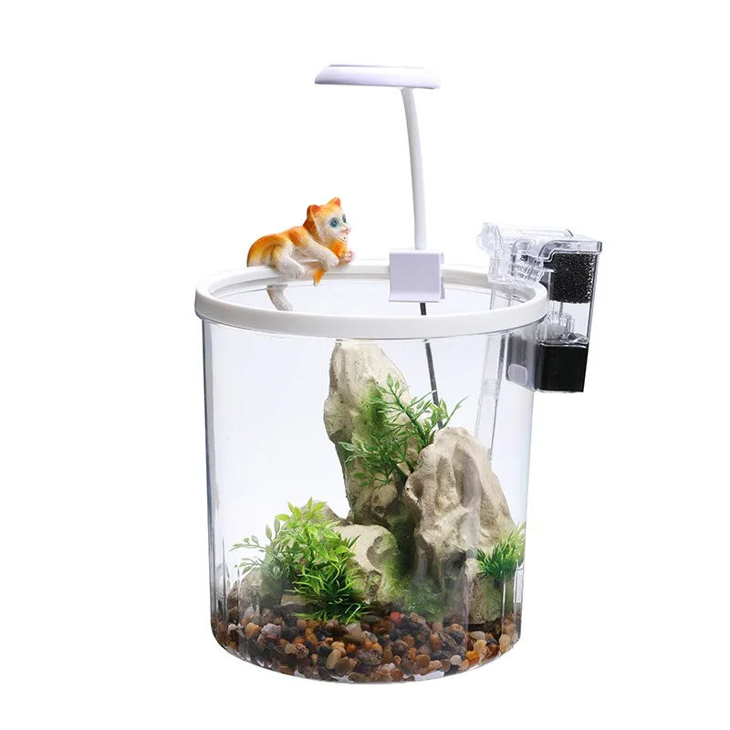5 Gallon Desktop Small Fish Tank Living Room Lazy Mini Acrylic Glass Goldfish Aquarium with LED Light Filter Pump Box